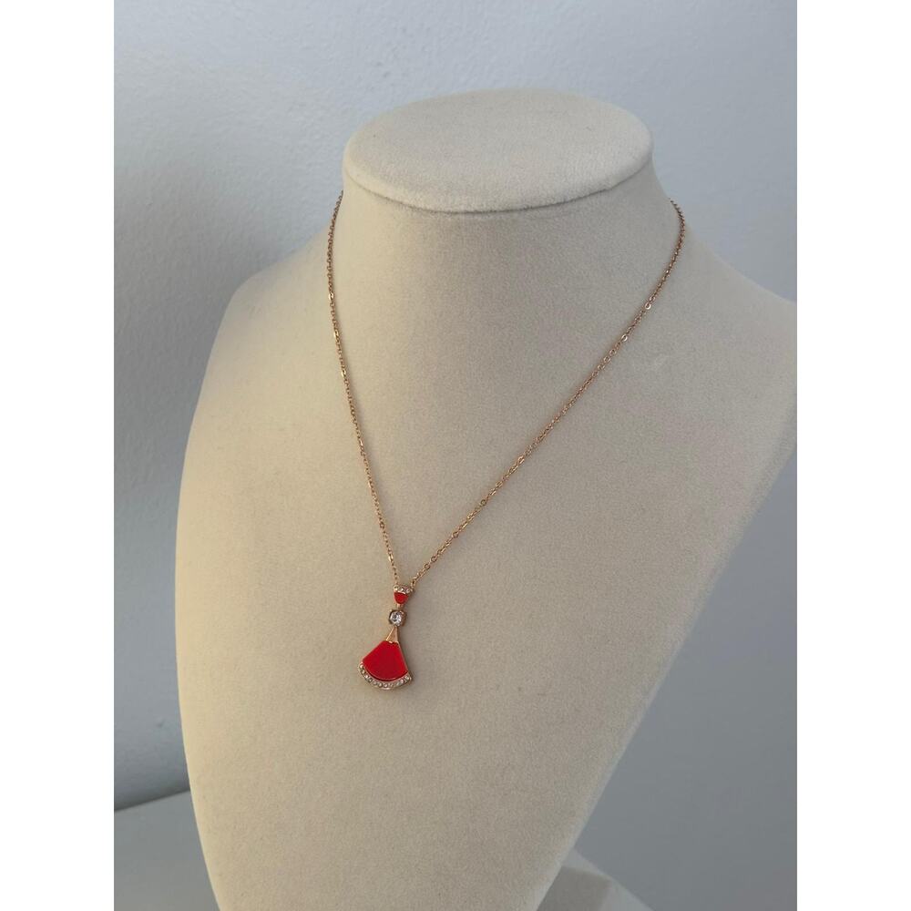 Red Pendant Necklace Gold Tone Stainless Steel Crystal Charm Elegant Gift - Picture 3 of 5